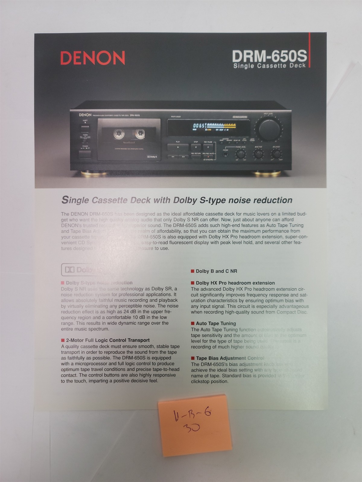 1990’s Denon DRM-650S Single Cassette Deck Brochure & Specs, Dolby S-type