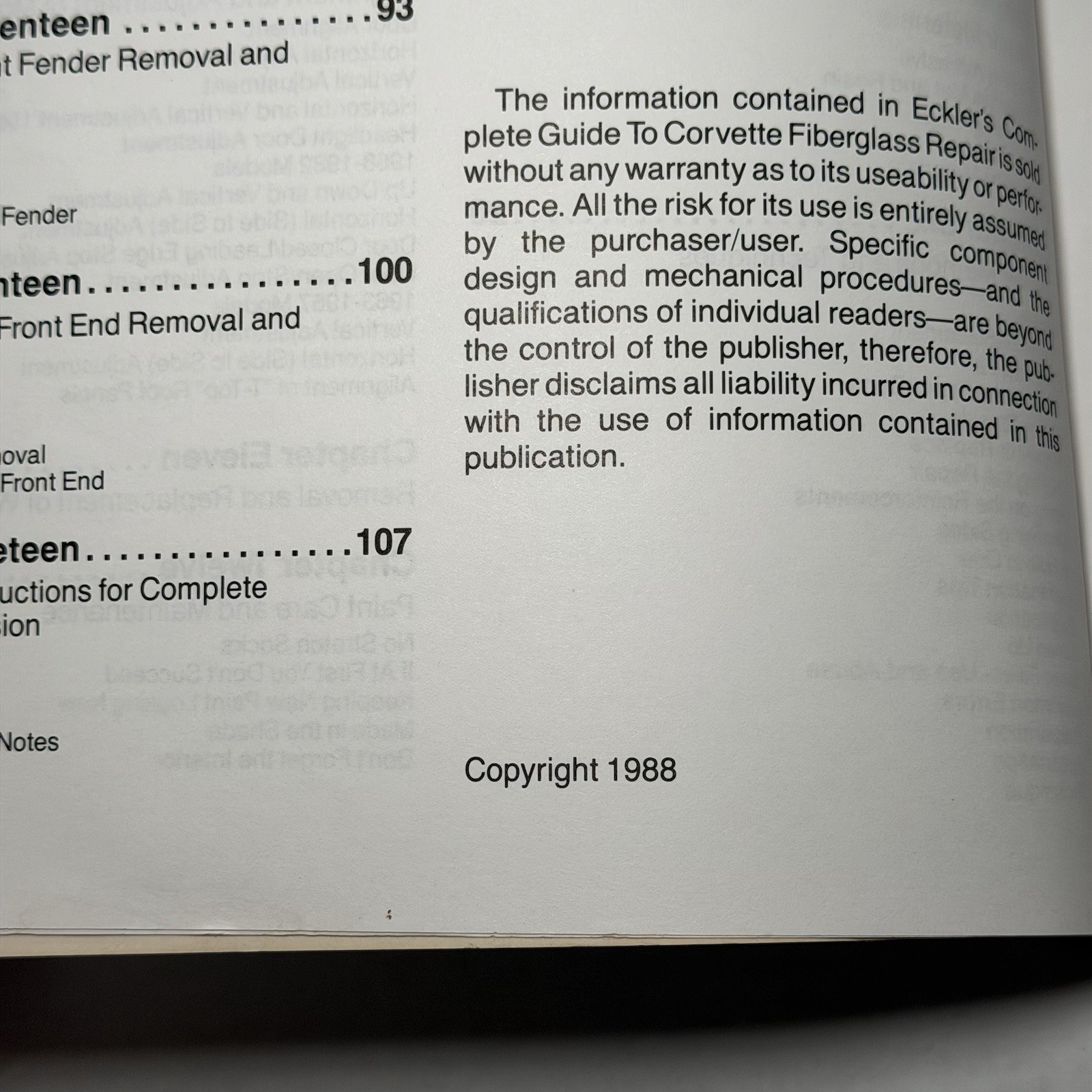 1988 ECKLER’S COMPLETE GUIDE TO CORVETTE FIBERGLASS REPAIR PAPERBACK 1988
