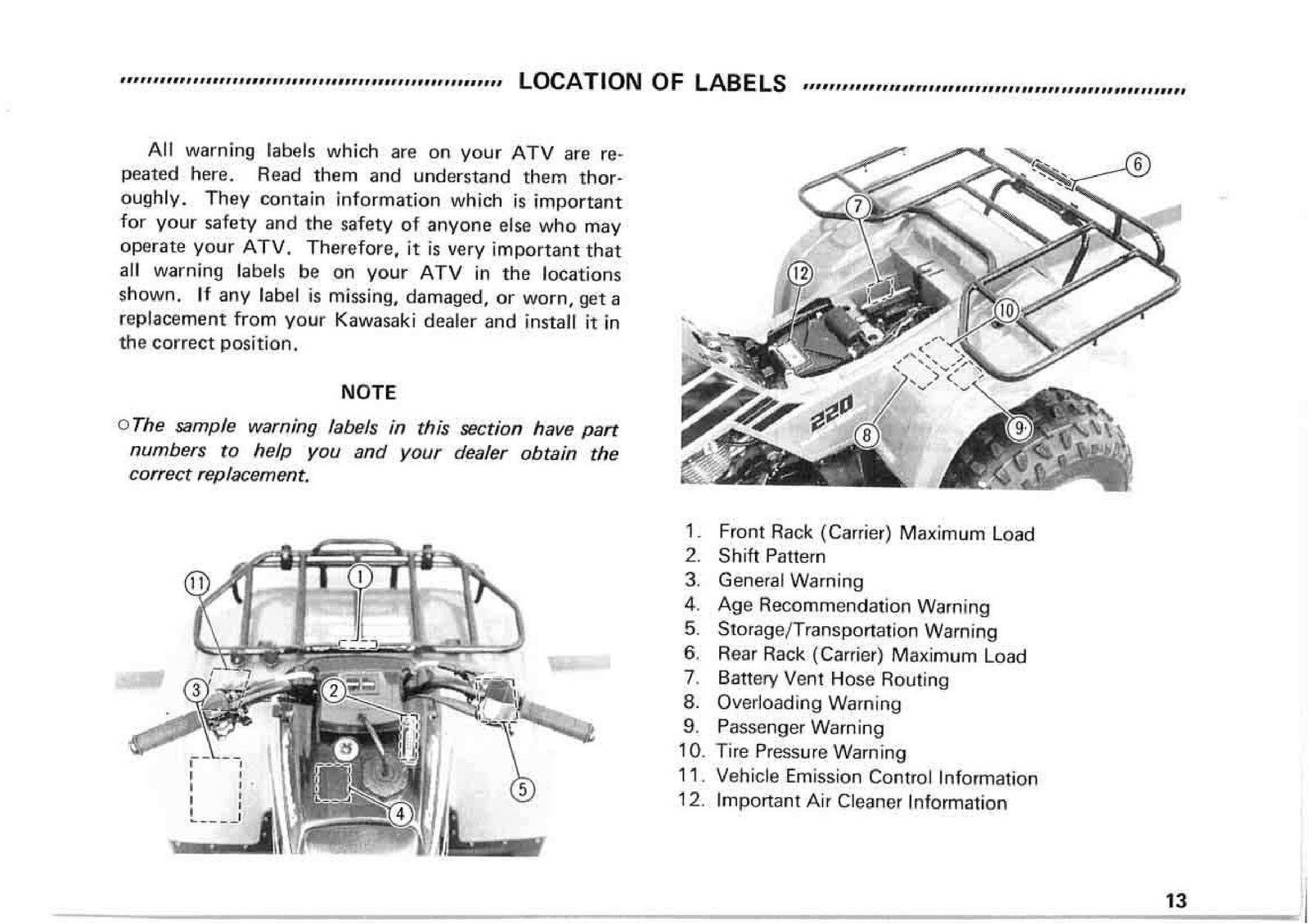 KAWASAKI Bayou 220 Owners Manual 1998 – STEEL WIRE BOUND – PROTECTIVE COVERS
